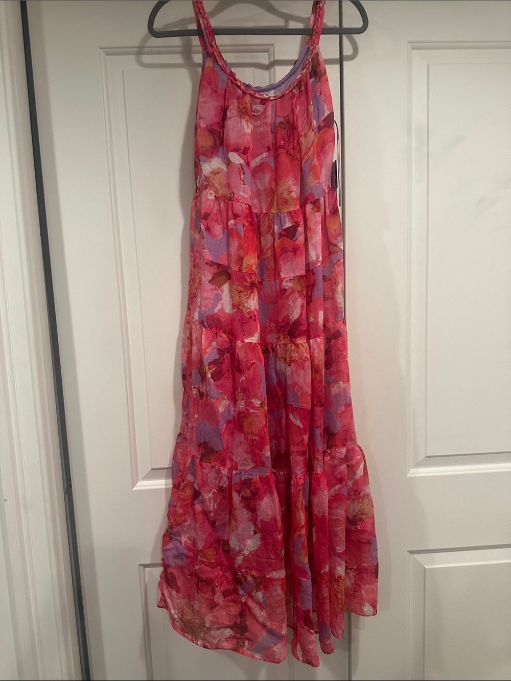 Robbie Bee Pink and Lilac Floral Tiered Midi Dress dress